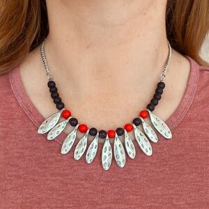 Bohemian Silver Tone Necklace w/ hammered leaflets, red and black beaded 16”